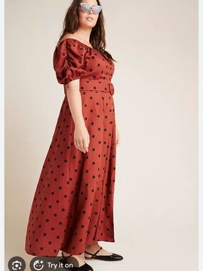 Maeve By Anthropologie Lucienne Rust Red Polka Dot One-Shoulder Maxi Dress